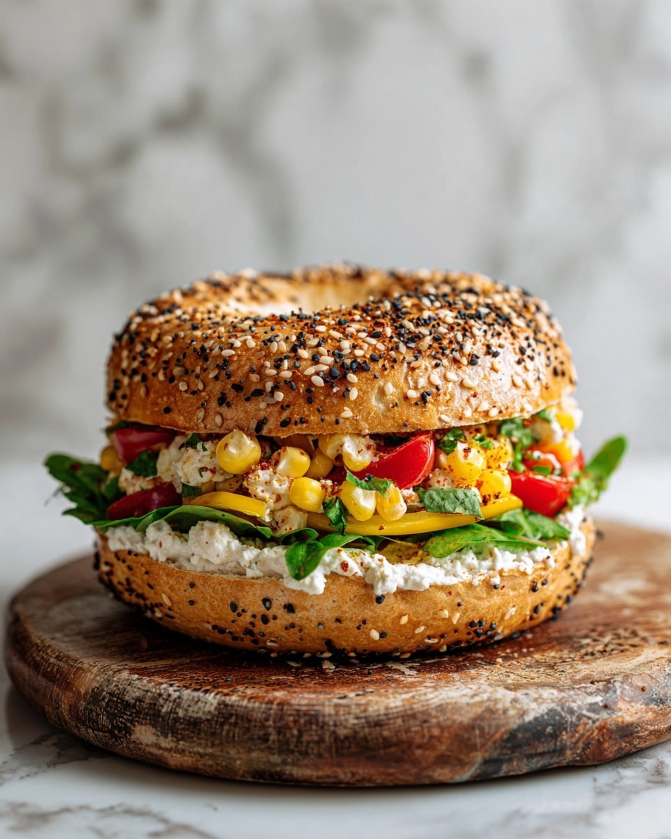 A sesame seed bagel sandwich sits on a wooden board with a worn texture. The bagel top is golden brown and covered with dense, evenly spread sesame seeds. Below it, there is a thick layer of mixed salad made of small pieces of corn, green bell peppers, red bell peppers, and creamy white dressing, spilling slightly to the sides. Under the salad, there is a fresh green lettuce leaf that rests on slices of yellow tomato. The bagel’s bottom is also golden and covered with sesame seeds. The background is a white marbled texture. Photo taken with an iphone --ar 4:5 --v 7