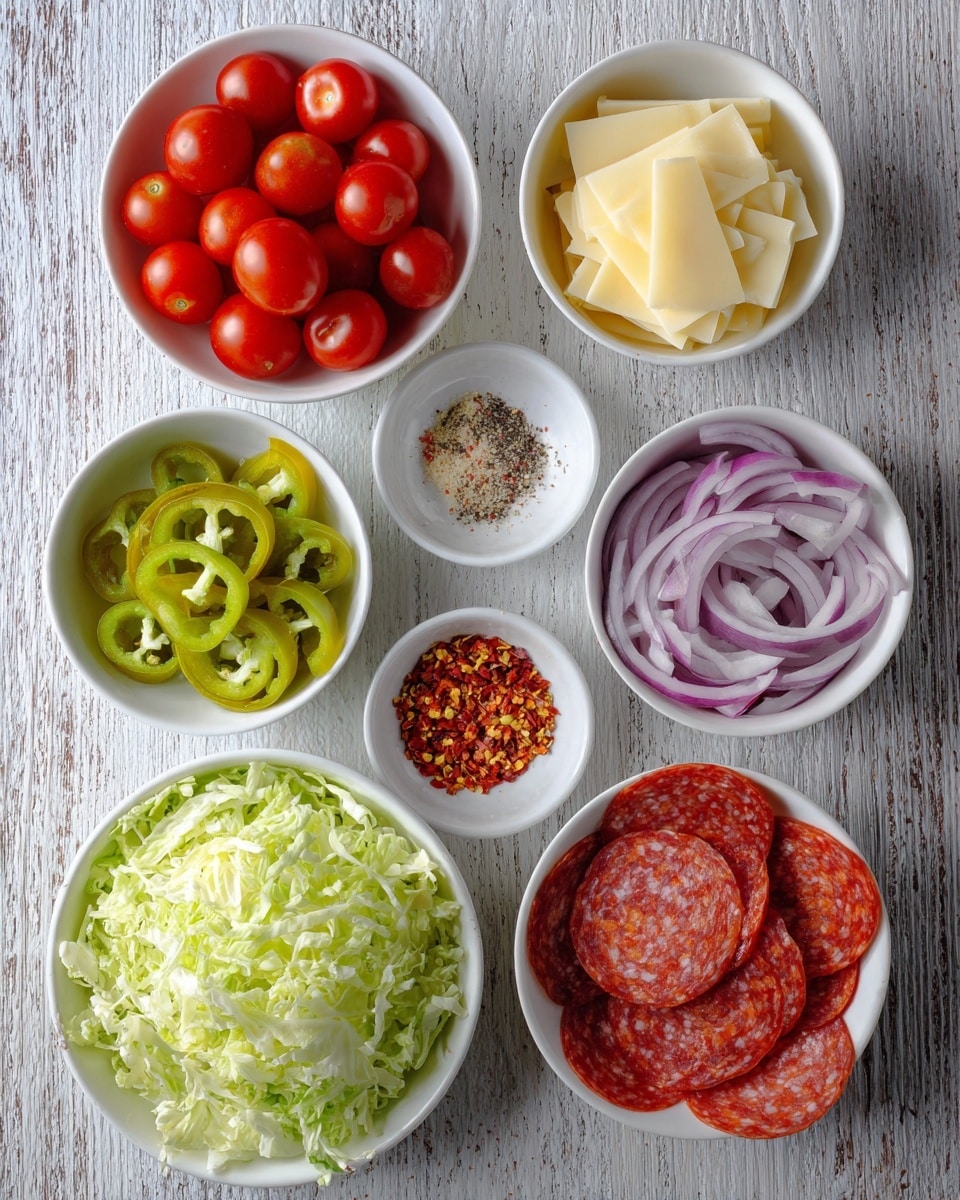 The image shows a top view of six white bowls arranged on a wooden surface with a white marbled texture. The largest bowl at the bottom contains bright green shredded lettuce with a fresh texture. Above it, in a central white bowl, there are shiny red cherry tomatoes, some whole and some sliced in half, showing their juicy interiors. To the right of the tomatoes, a white bowl holds thinly sliced red onions with their purple and white layers visible. Above this, another white bowl is filled with neatly stacked pale yellow slices of cheese. On the left side of the tomatoes, a white bowl contains sliced green banana peppers with their seeds visible. Above that, a white bowl holds a variety of meat slices arranged side by side, including bright red triangular pepperoni and reddish salami slices with white specks. At the top center, a white bowl holds a mix of dry spices and seasonings, including coarse white salt, black pepper, and red chili flakes, separated clearly in sections. The photo taken with an iphone --ar 4:5 --v 7