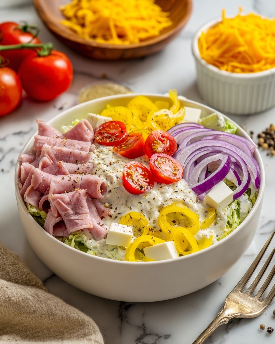 A white bowl filled with a creamy salad showing three main layers: the bottom layer has light green chopped lettuce, the middle has thin slices of pinkish deli meat and white cubes of cheese, and the top is decorated with halved bright red cherry tomatoes, thin purple onion rings, and bright yellow pepper rings, all sprinkled with black pepper. The bowl sits on a white marbled surface with a silver fork to the right and bits of black pepper scattered around. In the background, there is a white ramekin with a yellow shredded topping and a wooden bowl with more salad. photo taken with an iphone --ar 4:5 --v 7