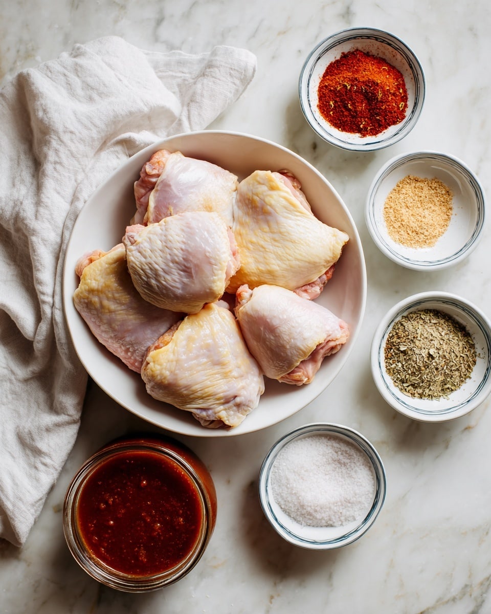 The image shows a white bowl filled with raw chicken thighs with pale yellow skin and slight pink flesh on top of a white marbled surface. Surrounding the bowl are six small white and blue glass bowls arranged around it, each filled with different spices: one with red paprika, one with a light golden powder, one with dried herbs, one with white salt, and two with beige spices. Below the bowls is a glass container holding a thick, dark red sauce with a smooth texture. A white cloth is placed beside the bowls on the left side. The photo taken with an iphone --ar 4:5 --v 7