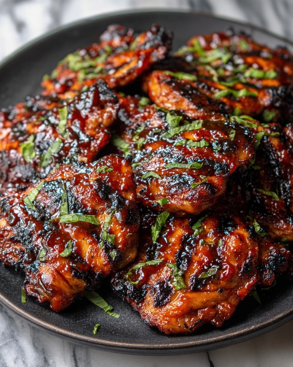 A black plate sits on a white marbled surface, holding a pile of grilled chicken thighs. There are about eight pieces arranged closely, each with a shiny dark reddish-brown sauce coating that has charred black spots from grilling. Small green herb bits are sprinkled over the chicken, adding a fresh touch to the rich, smoky appearance. Photo taken with an iphone --ar 4:5 --v 7
