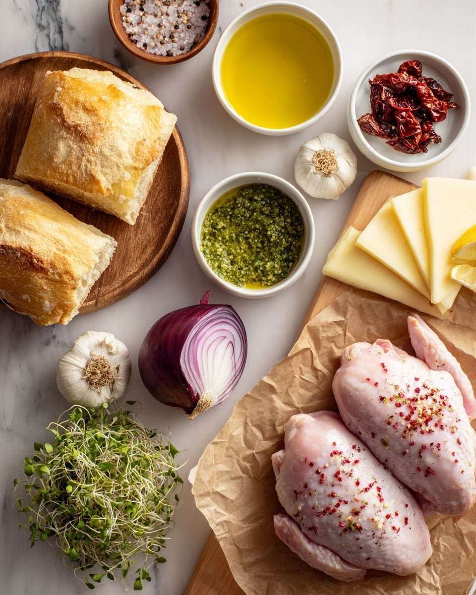 The image shows two raw chicken pieces with red flakes on them laid on a piece of brown paper on a wooden board in the lower left. Above the chicken are two square ciabatta bread pieces with a golden crust on a white marbled surface. To the right of the chicken, a small white bowl holds golden olive oil, and next to it a white bowl is filled with red sun-dried tomatoes in oil. Next to the chicken and above the olive oil is a small pile of fresh green sprouts. Above the sprouts, a half purple onion with visible layers sits on the white marbled surface. To the left of the onion is a whole garlic bulb. Above the garlic is a small white bowl filled with bright green pesto sauce. In the upper middle of the image sits a whole yellow lemon. Next to the lemon, on the right, are several slices of pale yellow cheese stacked on a piece of brown paper. In the top left corner, a small wooden bowl holds a mix of black pepper, pink salt, and dried green herbs. The background is a clean white marbled texture photo taken with an iphone --ar 4:5 --v 7