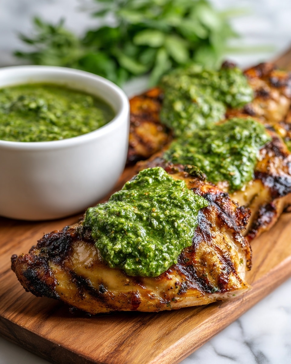The image shows three grilled chicken pieces placed on a wooden board, each topped with a generous dollop of thick, textured green pesto sauce that has a slightly oily shine and visible bits of herbs and nuts. The chicken has clear dark grill marks with a golden brown surface indicating it is cooked well. On the top left corner of the wooden board, there is a small white bowl filled with the same green pesto sauce. In the background, some fresh green herbs are slightly out of focus. The scene is set on a white marbled surface. photo taken with an iphone --ar 4:5 --v 7