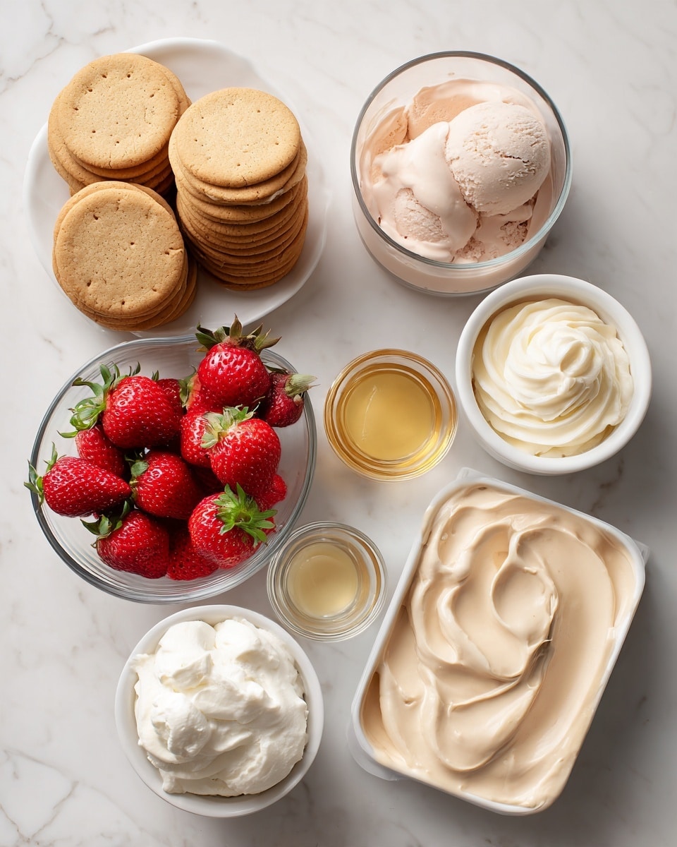 The image shows an arrangement of dessert ingredients on a white marbled surface, including two white bowls filled with round golden cookies stacked in layers, one clear glass bowl and one white bowl with bright red strawberries, a small white bowl with melted golden butter, a tub of smooth pale pink strawberry ice cream with soft swirls on top, a tub of smooth beige ice cream with gentle folds, and a small container with white, fluffy whipped cream that has a peak in the middle, all carefully placed. photo taken with an iphone --ar 4:5 --v 7