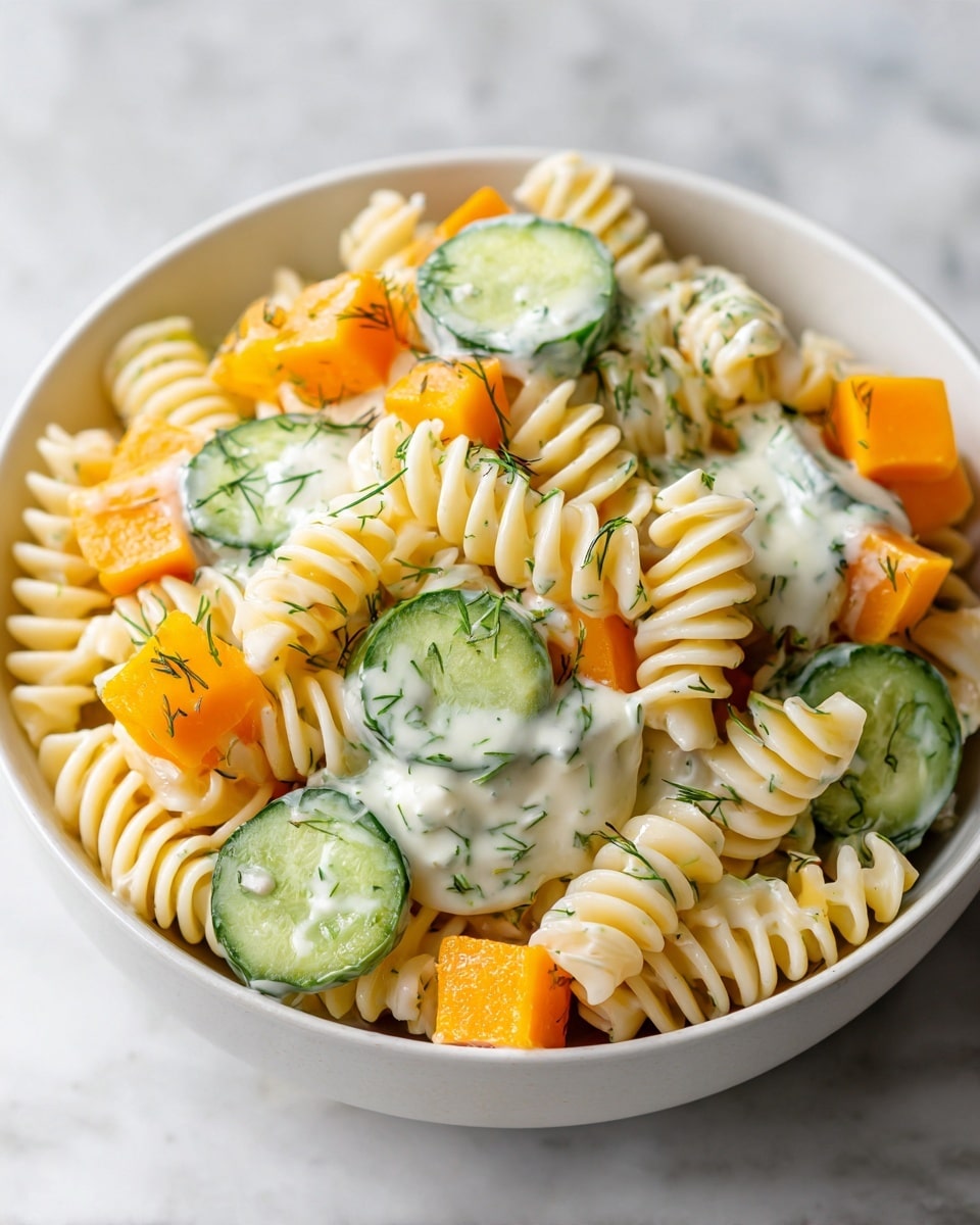 A white bowl filled with spiral pasta salad is shown on a white marbled surface. The bottom layer is the pale yellow spiraled pasta, soft with a slightly shiny texture. Scattered on top are bright orange cheese cubes, roughly cut with smooth sides. Large slices of green pickles, glossy and wet-looking, are spread evenly over the pasta. A creamy white dressing with herbs is drizzled over the salad, appearing thick but smooth. Small green dill leaves are sprinkled across, adding a fresh touch to the dish. Some loose pasta spirals are placed decoratively around the bowl. photo taken with an iphone --ar 4:5 --v 7