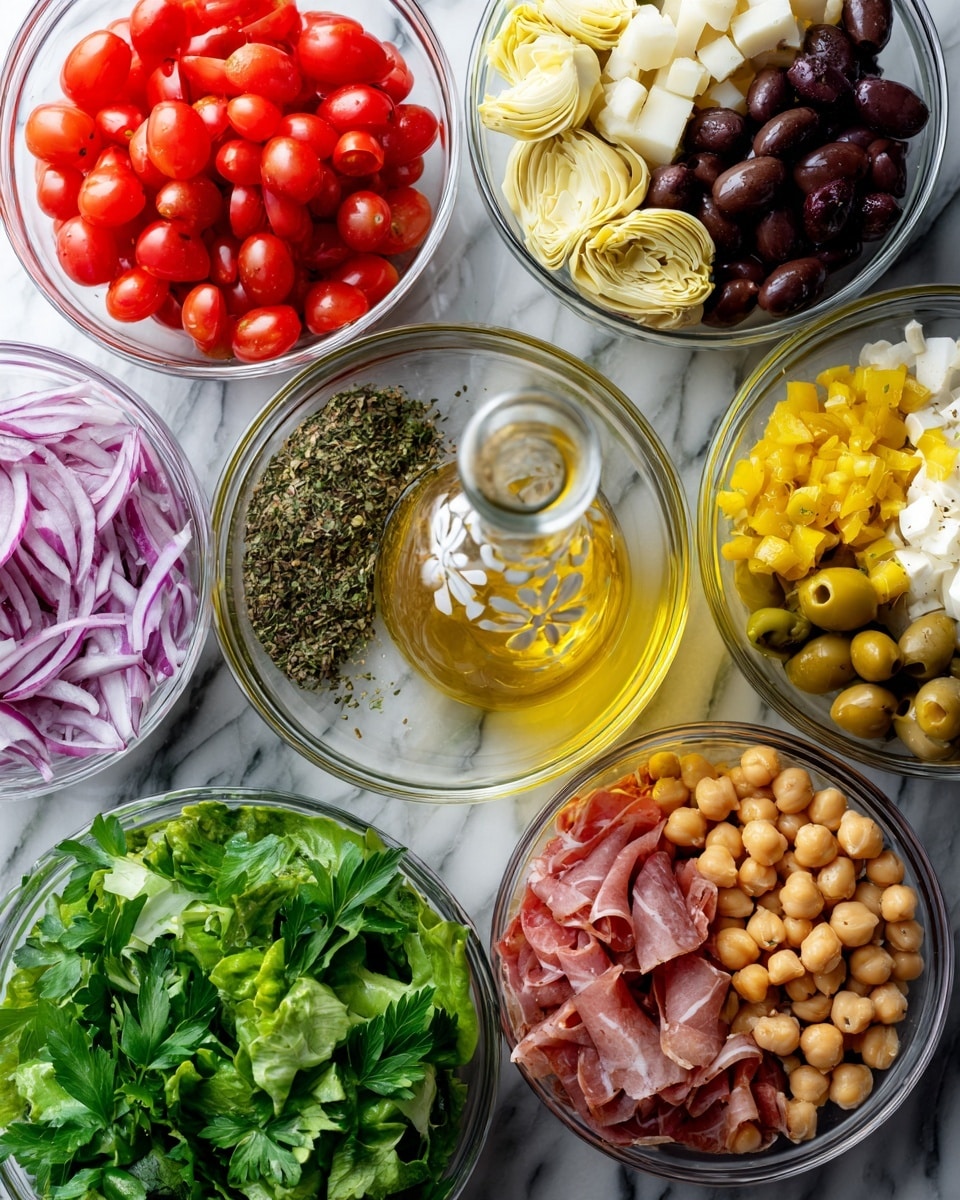 The image shows several clear glass bowls arranged on a white marbled surface, each filled with different ingredients. In the bowls, there are bright red cherry tomatoes cut in half, pale yellow artichoke hearts, dark purple olives, thinly sliced red onions, mixed sliced cured meats, small white cheese cubes, yellow pepperoncini peppers, light brown chickpeas topped with dried green herbs, and fresh green leafy lettuce with parsley on top. There is also a clear glass bottle with a yellowish oil and white flower patterns placed in the middle. The colors are vibrant, and the textures range from smooth liquids to firm vegetables and soft leafy greens. photo taken with an iphone --ar 4:5 --v 7