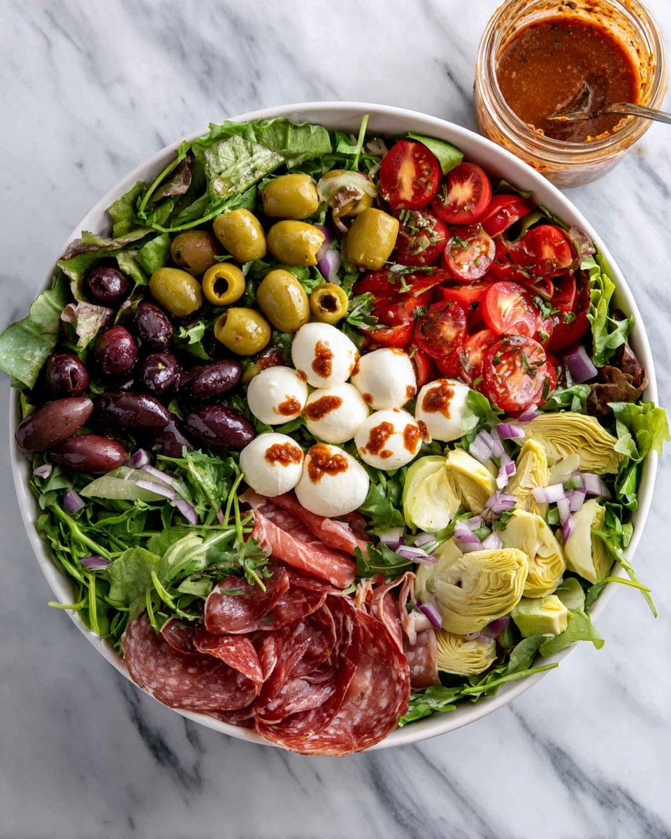 A large white bowl is filled with a fresh salad on a white marbled surface. The bottom layer has mixed leafy greens including arugula and chopped romaine lettuce in different shades of green. On top, there are sliced green olives, small whole red cherry tomatoes, artichoke hearts, and thin slices of cured meat arranged in sections. Scattered white mozzarella balls, some topped with a reddish-brown dressing, add texture. Near the top right, an opened jar filled with a similar dressing sits next to the bowl. The colors are vibrant with fresh greens, reds, and creamy whites contrasting each other. Photo taken with an iphone --ar 4:5 --v 7