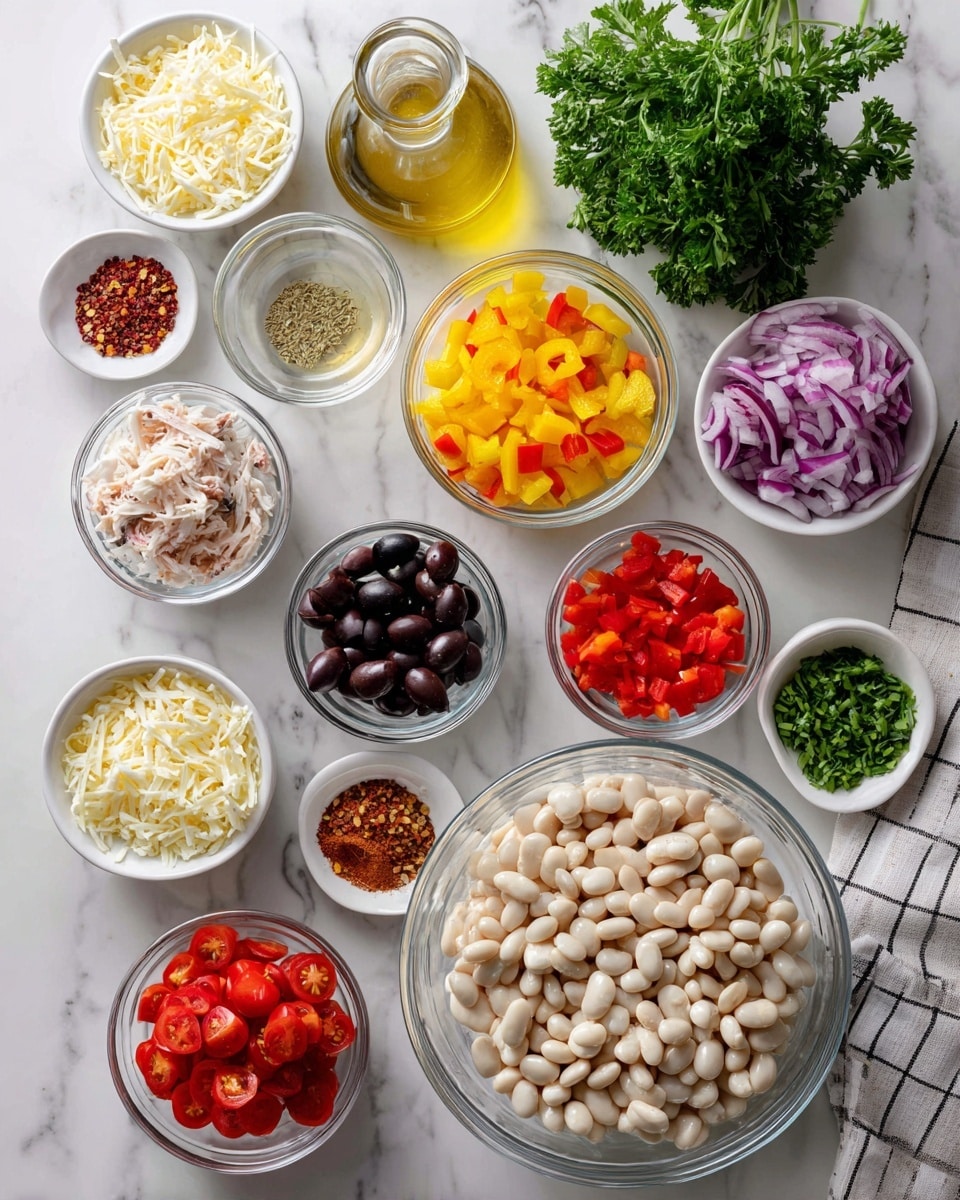 A top view shows many small white bowls and a few clear glass bowls on a white marbled surface. The largest clear bowl is full of white beans. Around it are smaller white bowls holding shredded white meat, chopped red and yellow bell peppers, sliced red onions, and shredded cheese. Small clear bowls hold black olives, cut cherry tomatoes, and three different types of chopped green herbs. Other small white bowls contain honey, creamy white sauce, dried red flakes, garlic powder, pepper, and a reddish liquid. A glass jug holds olive oil, and fresh green parsley sits on a white checked cloth at the top right. photo taken with an iphone --ar 4:5 --v 7