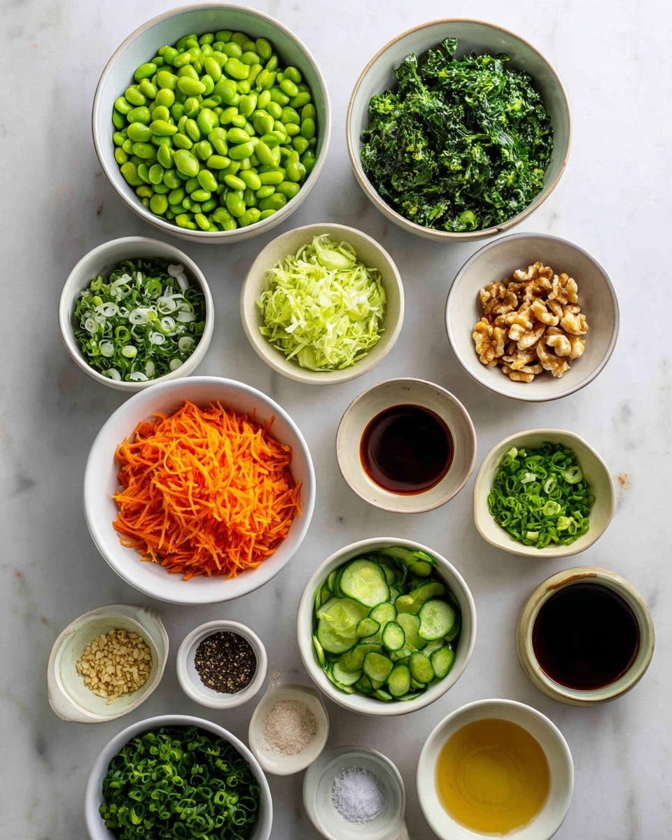 An overhead view shows many small white bowls arranged on a white marbled surface, each filled with different fresh ingredients. There are layers of green chopped kale in one bowl, bright green edamame beans in another, and finely shredded orange carrots in a white bowl. Other bowls contain sliced avocado with light green smooth texture layers, chopped green onions, small chopped fresh herbs, and sliced cucumber with green skin. There are also bowls holding chopped walnuts, minced garlic, and various liquids and sauces in different colors like dark brown, golden, and red. A few small bowls hold seasonings like salt, pepper, and hemp seeds. The colors are vibrant and fresh, and the arrangement is neat and organized, making each ingredient clearly visible. Photo taken with an iphone --ar 4:5 --v 7