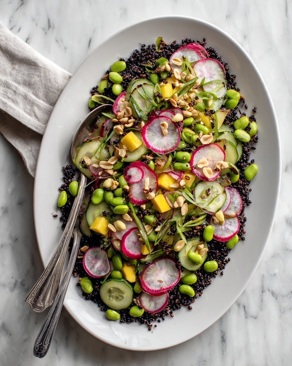 A white oval plate filled with a colorful salad placed on a white marbled surface. The salad has four main visible layers: a base layer of small black grains spread evenly, followed by bright green edamame beans scattered on top, mixed with thin slices of red and white radishes arranged throughout. There are also small yellow cubes, likely mango or cheese, and sliced cucumber pieces distributed evenly. On top, a handful of light brown peanuts are sprinkled, adding a crunchy texture. Two silver serving spoons rest on the plate’s sides, partially covered by the salad. Photo taken with an iphone --ar 4:5 --v 7