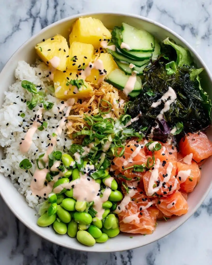 Homemade Ahi Tuna Poke Bowl with Fresh Vegetables and Spicy Mayo Recipe