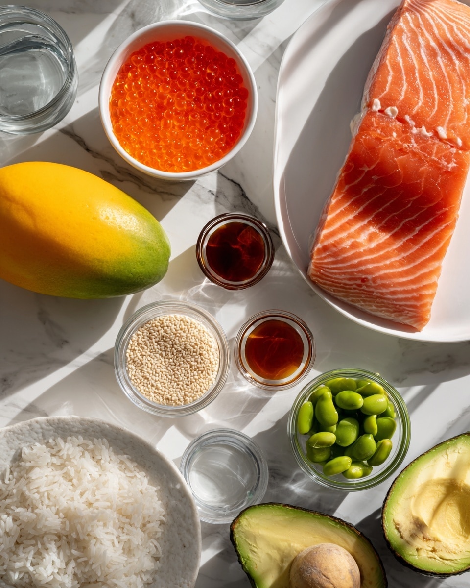 The image shows a food setup on a white marbled surface with several white plates and bowls. On the top left, there is a small white bowl filled with bright orange fish eggs. To the right, a white plate holds a fresh, raw pink salmon fillet with subtle white lines of fat. A white bowl near the bottom center contains cooked white rice, showing fluffy and slightly separated grains. To the center left, a white plate has a halved ripe avocado with a dark green and bumpy skin, the inside bright green, and next to it, a whole yellow mango. Nearby, a small clear glass bowl holds light-colored sesame seeds. Four small clear glass bowls contain different sauces: a reddish-orange sauce, a dark brown sauce, a very light pale sauce, and a greenish mixture of fresh edamame beans. The lighting is bright and natural, casting soft shadows, and the entire arrangement looks clean and fresh. Photo taken with an iphone --ar 4:5 --v 7