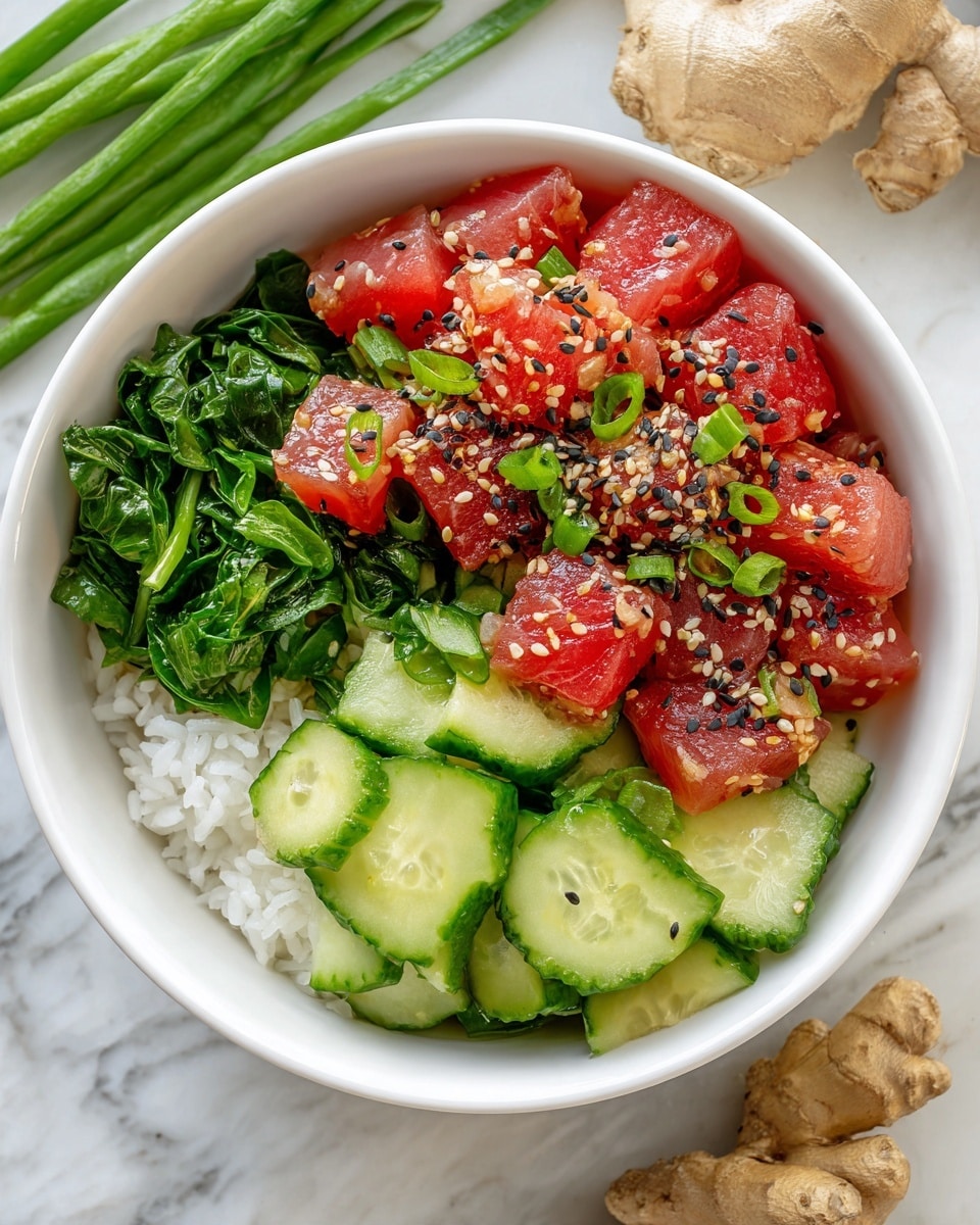 A white bowl contains three main layers visually separated: at the bottom is a white base of rice, followed by fresh green leafy vegetables and chunks of cucumber on one side, and a generous pile of cubed red raw fish mixed with sliced light green scallions on the other. The fish is covered with a sprinkle of black and white sesame seeds and small bits of a crunchy topping. The bowl is placed on a white marbled surface with part of ginger root and green beans slightly visible in the background. Photo taken with an iphone --ar 4:5 --v 7