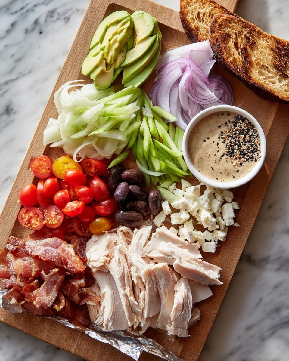 A wooden cutting board holds an assortment of fresh ingredients arranged in sections. On the top left are two slices of light green avocado, next to a small white bowl containing a beige dressing with black and white sesame seeds. Below the bowl are thin light green leek rings, and next to them is a cluster of small white cheese crumbles. To the right, in the center, there are bright red tomato slices, some halved cherry tomatoes, and a small bright red pepper. Beside these are a few pieces of light purple pickled onion and a single dark purple olive. Below the vegetables are thin white slices of turkey or chicken meat. On the bottom left, there is torn toasted bread resting on foil paper, and on the bottom right, a piece of cooked meat, possibly bacon, also placed on foil paper. The entire setup is on a white marbled surface. photo taken with an iphone --ar 4:5 --v 7