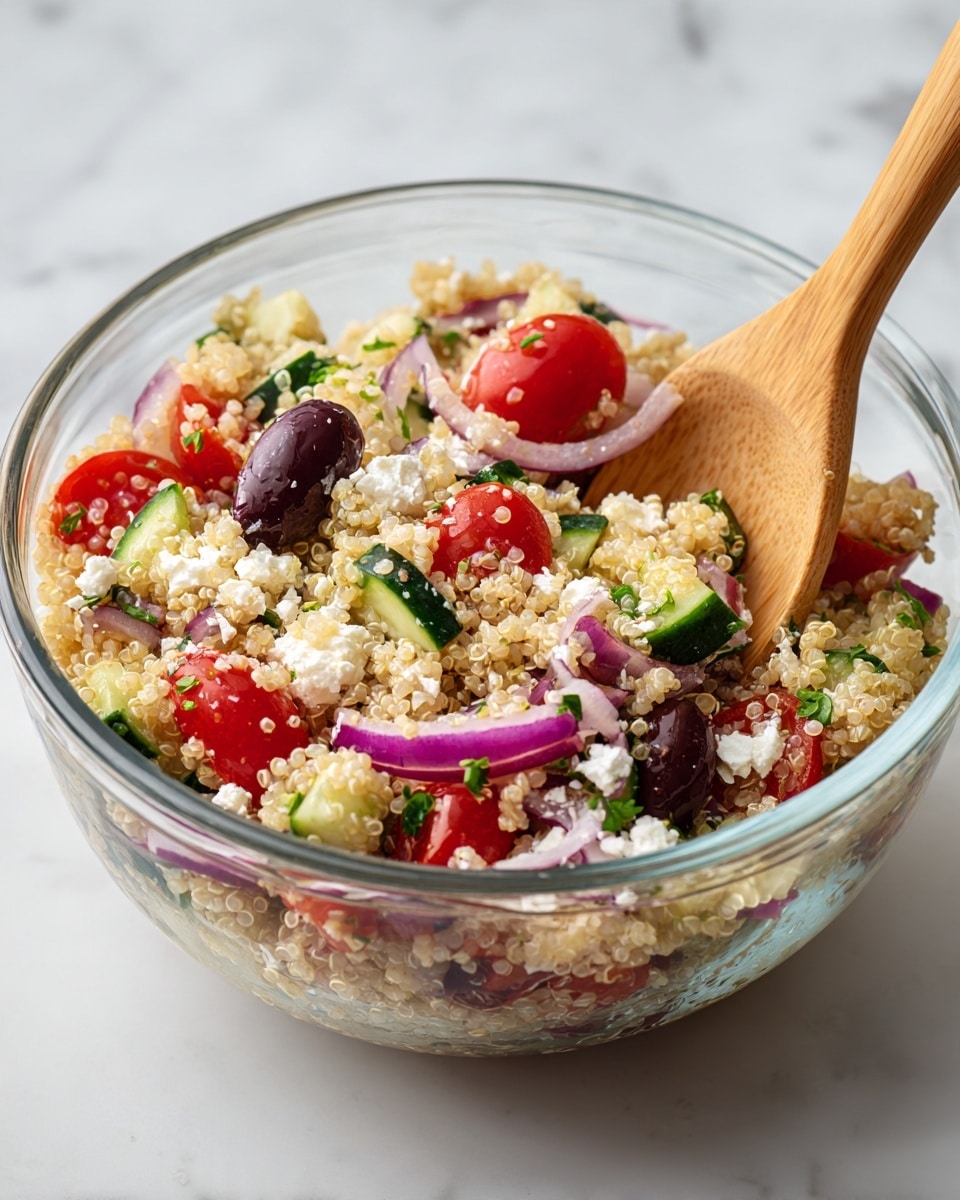 A clear glass bowl filled with a colorful quinoa salad consisting of small light beige quinoa grains as the base layer, mixed with bright red halved cherry tomatoes, dark purple sliced olives, thin slices of light purple red onion, and chunks of green cucumber with darker green skin. White crumbled feta cheese is scattered on top, adding a creamy texture. A wooden spoon is placed inside the bowl on the right side, partially submerged in the salad. The bowl sits on a white marbled surface. Photo taken with an iphone --ar 4:5 --v 7