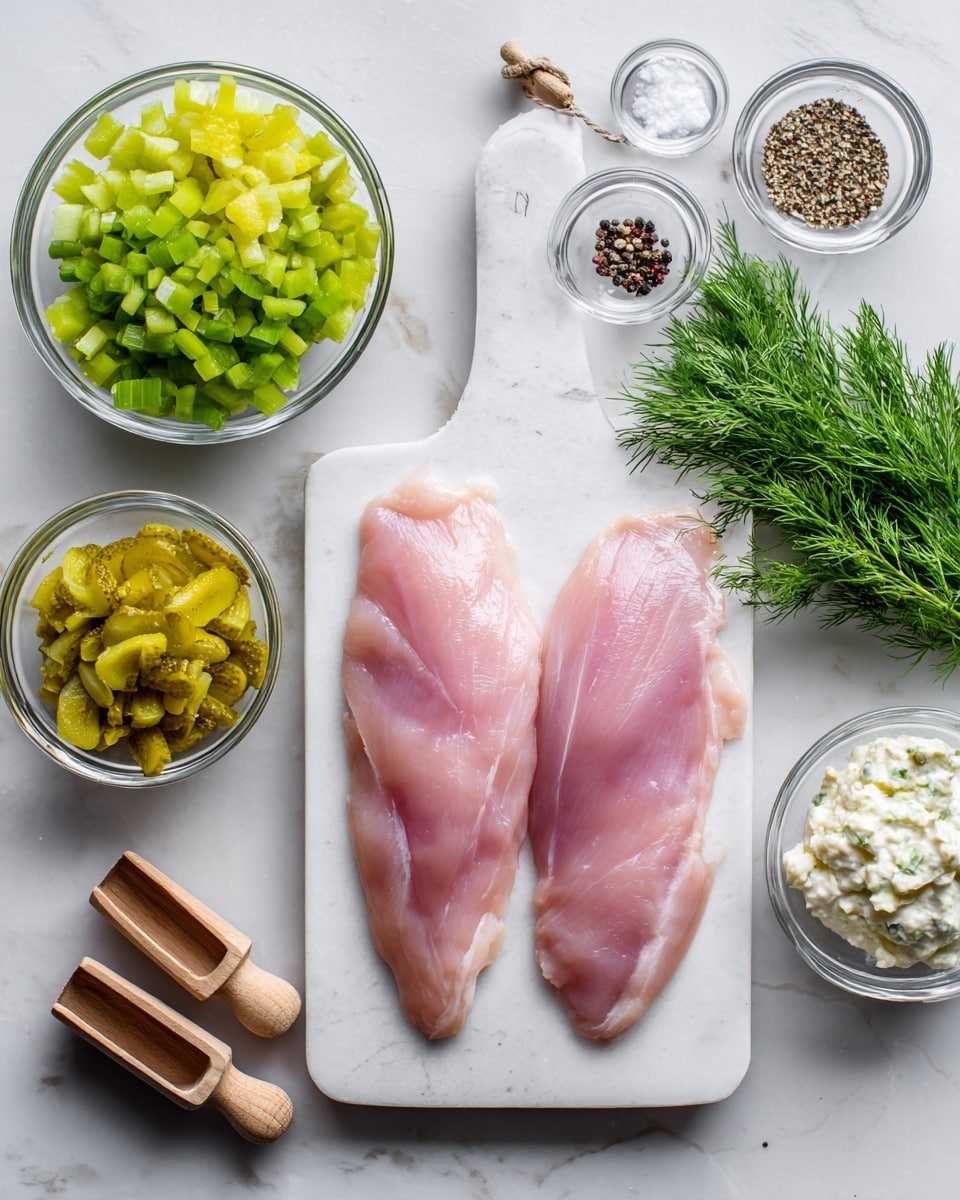 Two raw pink chicken fillets lie side by side in the center of a white cutting board with a handle at the top, placed on a white marbled surface. Around the cutting board are several small clear glass bowls filled with bright green chopped celery, chopped yellow pickles, a pale beige creamy substance, and white yogurt. Three small wooden scoops filled with coarse black pepper, salt, and another spice are lined up above the cutting board. A small bunch of fresh green dill rests to the right side. The overall setting is neat with soft natural light. Photo taken with an iphone --ar 4:5 --v 7