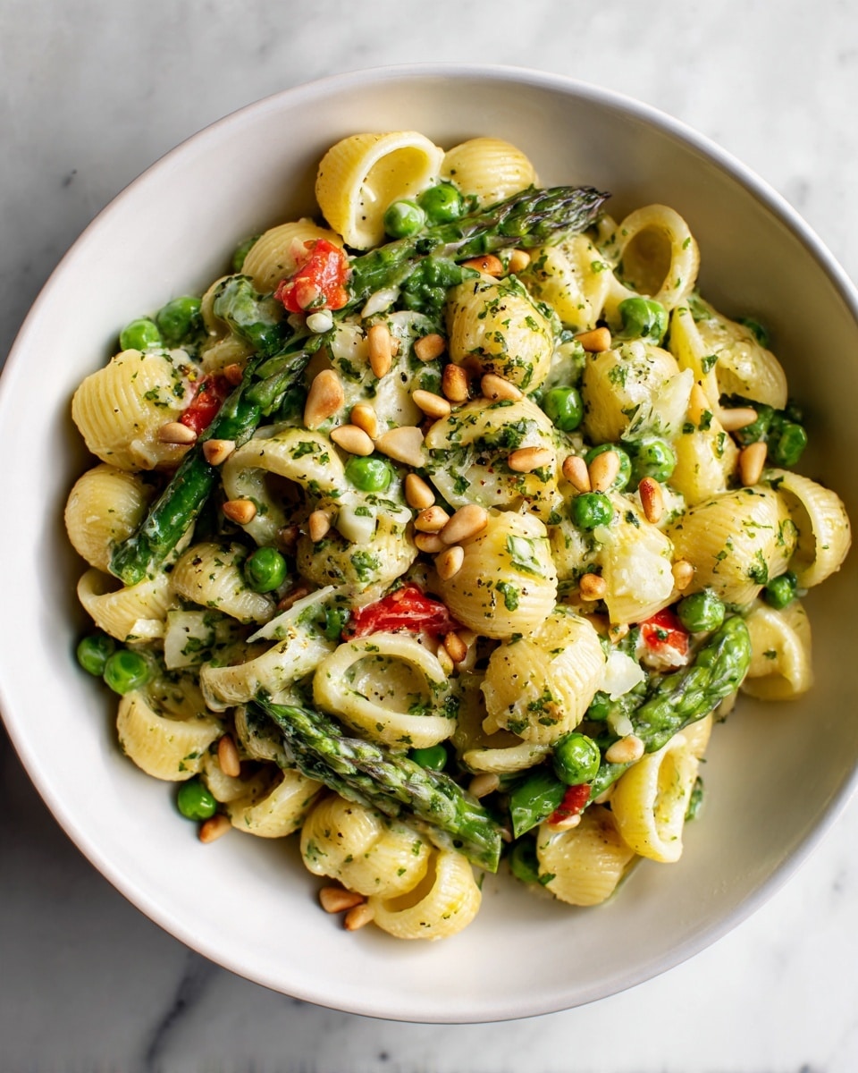 Green Pasta Salad with Edible Flowers and Lemon Herb Dressing Recipe 5 The image shows a white bowl filled with pasta made of small, curved round shapes in a light yellow color. Mixed in are several layers of different ingredients: green asparagus spears cut into sections, bright green peas scattered throughout, red pieces of bell pepper, and white chunks of cheese, all coated with a creamy light green sauce. On top, there are small, golden-brown pine nuts sprinkled evenly, adding texture. The bowl sits on a white marbled surface, and the lighting highlights the freshness and color contrast of the ingredients. Photo taken with an iphone --ar 4:5 --v 7