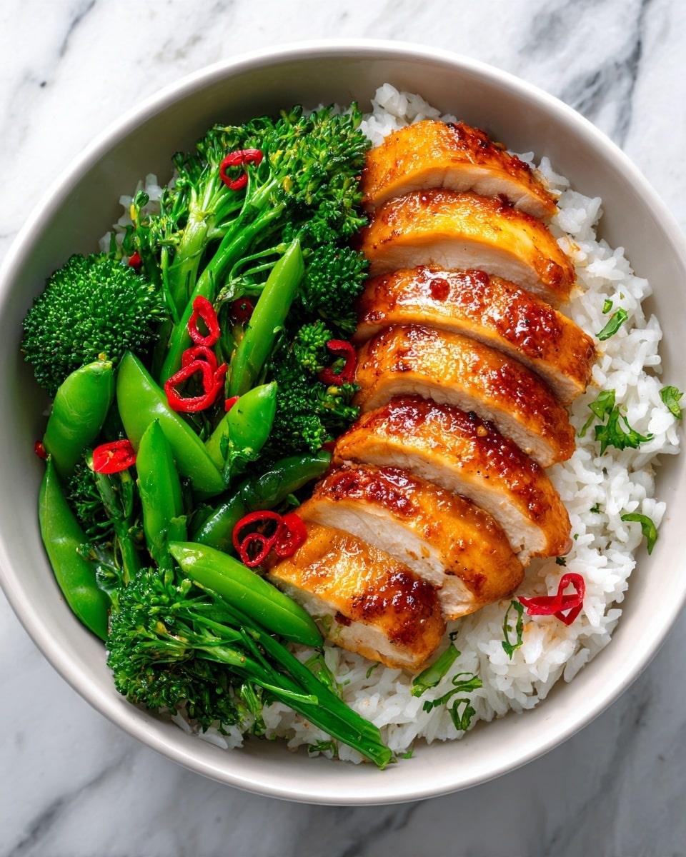 A clear white bowl filled with a base layer of white rice. On top, there are slices of golden-brown grilled chicken with a shiny glaze, arranged in a curved pattern on one side. Next to the chicken, vibrant green broccoli florets mixed with bright green snap peas create the middle layer. A few small red chili pieces are scattered on top for color. The overall look is fresh and colorful with a mix of textures. The bowl is placed on a white marbled surface. Photo taken with an iphone --ar 4:5 --v 7