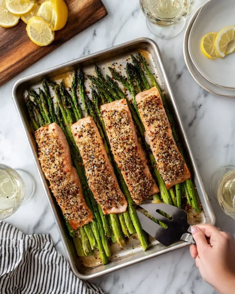 Sheet Pan Salmon and Asparagus with Lemon, Garlic, and Herbs Recipe
