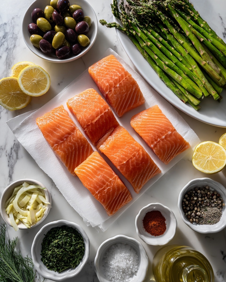 The image shows four bright orange salmon fillets placed on a white square paper in the center, each with a smooth, slightly shiny texture and visible lines of fish fibers. To the top right, a white oval plate holds a bunch of green asparagus spears thinly aligned, their tips tightly closed. Around the salmon, small white bowls contain different ingredients: a bowl with lemon zest and garlic cloves at the bottom right, a bowl with fresh green herbs including rosemary, parsley, and dill at the bottom left, olives in another bowl at the middle left, and several others with seasonings such as salt, pepper, paprika, and minced garlic arranged neatly on a white marbled surface. Two lemon halves sit on a small white plate in the bottom left corner, and a clear glass bottle of olive oil is positioned near the right side, all brightly lit with soft natural light. photo taken with an iphone --ar 4:5 --v 7