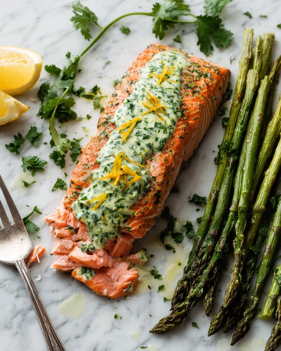 The image shows one large piece of cooked salmon fillet placed on a white marbled surface, with a bright orange-brown crust and tender pink flesh visible on the lower left side, topped with dollops of fresh green herb sauce and sprinkled with small bright orange zest and green cilantro leaves. Around the salmon, there are many long green roasted asparagus stalks, some with visible oil or sauce on them, arranged in clusters on both sides. A silver fork is partly in the bottom left corner, next to the asparagus. The colors are bright and fresh, with a mix of orange, pink, and green on a clean white marbled background photo taken with an iphone --ar 4:5 --v 7