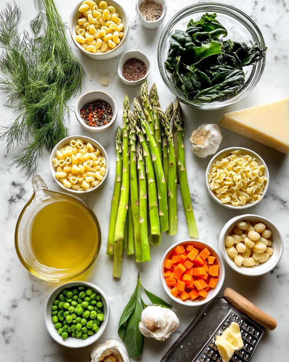 The image shows a flat lay of various fresh ingredients on a white marbled surface. There are long green leeks, bright green asparagus spears neatly aligned side by side, and a clear glass bowl filled with dark leafy greens. Around them, multiple small white bowls hold different items: pale yellow elbow macaroni, light brown beans, steamed bright green peas, diced orange carrots, finely grated white cheese, olive oil, and some herbs. A clear measuring cup contains a light golden broth. Garlic cloves and sprigs of fresh dill are scattered around, along with small bowls of seasonings like salt, pepper, and chili flakes. A wooden cheese grater with a chunk of cheese leans on the side. Photo taken with an iphone --ar 4:5 --v 7