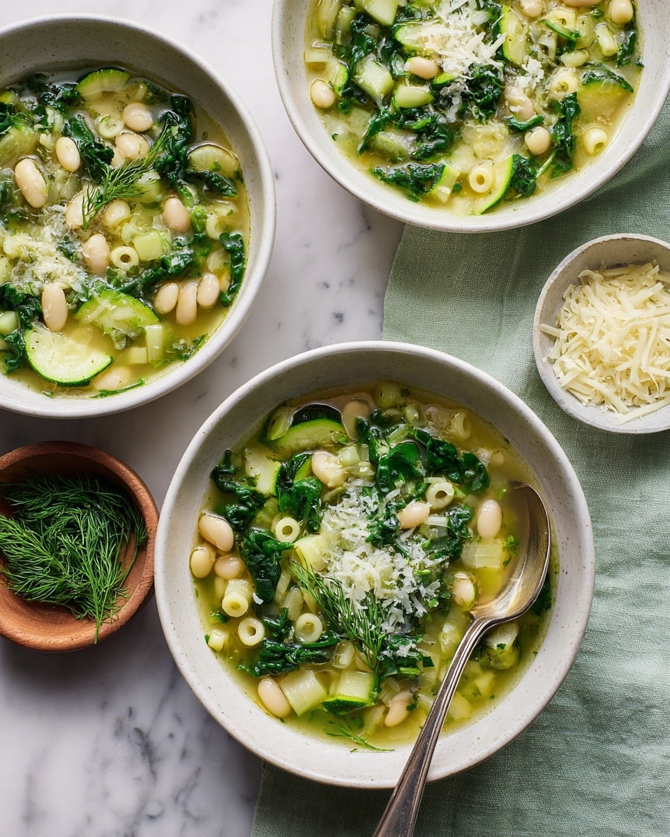 The image shows three white bowls filled with a vegetable soup that has small round pasta, white beans, bright green leafy vegetables, and chunks of pale green zucchini, topped with light shreds of cheese. One bowl has a metal spoon resting inside it. The bowls are placed on a white marbled surface with a light green cloth napkin near the top bowl. A small wooden bowl with fresh dill is placed to the side along with a partial view of a second small white bowl of shredded cheese, creating a fresh and cozy feel. photo taken with an iphone --ar 4:5 --v 7