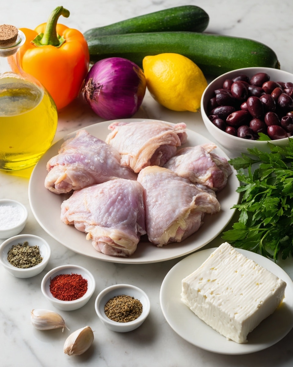The image shows a white plate filled with several pieces of raw skin-on chicken thighs placed in the center. Behind the plate, there is a whole orange bell pepper on the left, a dark green zucchini in the middle, and a purple onion with a bright yellow lemon next to a glass bottle of olive oil in the back row. To the right side, two white bowls hold red cherry tomatoes and dark purple olives, respectively, with a bunch of fresh green parsley below them. In the front left, a small white bowl contains different spices in separate sections with colors including red, white, black, and brown. Next to it, four garlic cloves lay on the white marbled surface. On the front right, there is a white plate with a rectangular block of white feta cheese. Photo taken with an iphone --ar 4:5 --v 7