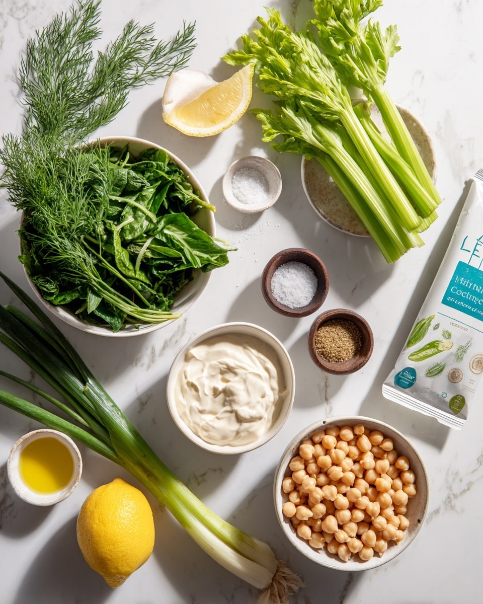 The image shows a white marbled surface with several fresh ingredients arranged neatly. There is a white bowl full of green leafy herbs like parsley and dill on the upper left, next to a small white dish with salt. To the right, a clear plastic pack of green celery sticks with red and blue labeling lies flat. Below the herbs, a white bowl holds creamy white yogurt or sauce. Near the center, a small dark wooden bowl contains a powdered spice. On the lower left, a small white bowl is filled with light yellow olive oil next to a whole bright yellow lemon. Fresh green onions lie diagonally across the surface, and on the bottom right, there is a white bowl full of light beige chickpeas. The scene is bright and clean. photo taken with an iphone --ar 4:5 --v 7
