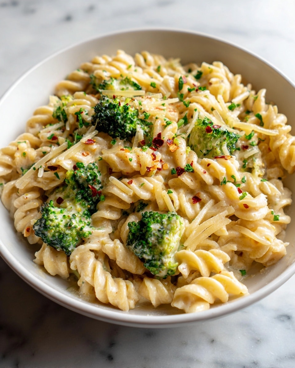 The image shows a white bowl filled with a creamy pasta dish featuring small twisted noodles soaked in a light beige sauce. Mixed throughout the pasta are green broccoli florets and thin strips of pale yellow cheese scattered on top. There are visible red pepper flakes and sprinkles of chopped green herbs adding color and texture contrast. The creamy sauce has a smooth, slightly glossy look that coats the noodles and vegetables evenly. The bowl sits on a white marbled surface, and the photo has a natural, soft light. Photo taken with an iphone --ar 4:5 --v 7