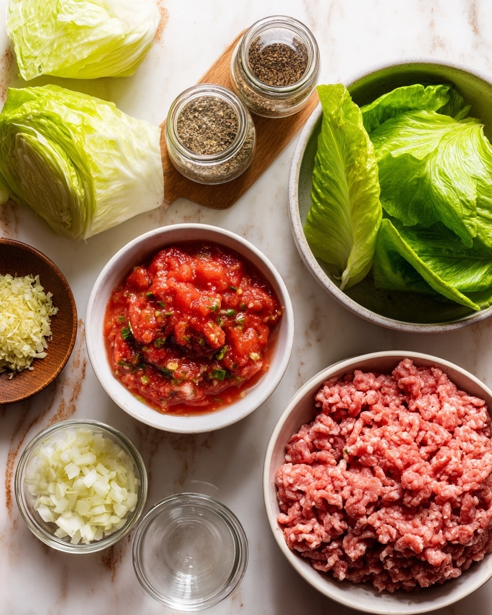 A white bowl filled with light pink raw ground meat sits in the lower right, next to it is a small white bowl with bright red chunky tomato salsa showing bits of green herbs. At the top right, a white bowl holds several fresh green romaine lettuce leaves with firm texture and visible veins. Below, there is a small clear bowl with minced pale yellow garlic, and a wooden dish holding finely chopped white onions. Two small glass jars of mixed spices stand close by. All items rest on a white marbled surface with faint brown spots. Photo taken with an iphone --ar 4:5 --v 7