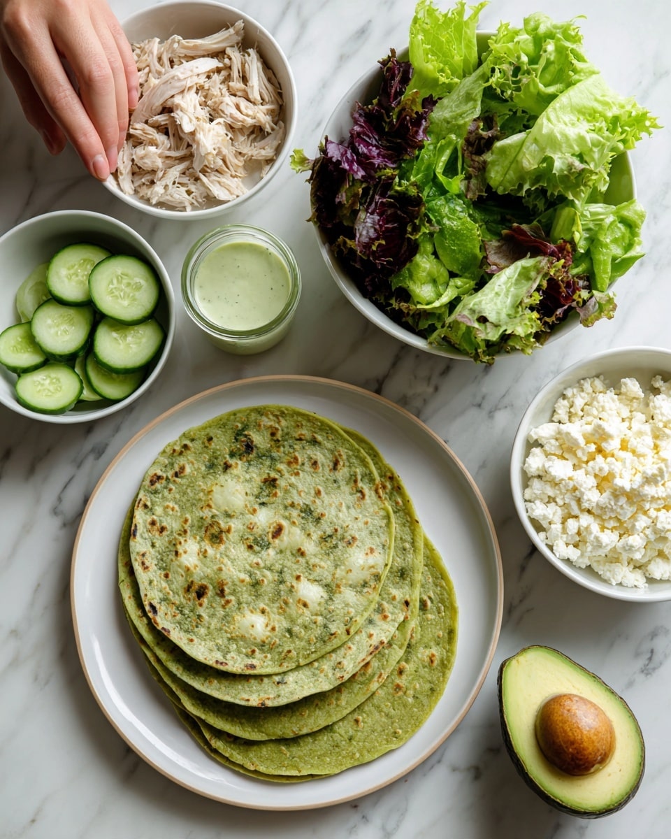 The image shows a white plate with three green spinach tortillas stacked on it, placed at the bottom center of a white marbled surface. Above the plate, there is a white bowl filled with fresh mixed green and purple lettuce leaves. Surrounding this bowl, there are four smaller white bowls: the top left bowl contains shredded cooked chicken, the top right bowl has crumbled white cheese, the bottom left bowl is filled with round slices of cucumber, and the bottom center left holds a small clear jar of light green dressing. At the top center of the image, there is a halved avocado with its seed still inside, resting on the white marbled surface. A woman's hand is reaching toward the top left bowl. Photo taken with an iphone --ar 4:5 --v 7