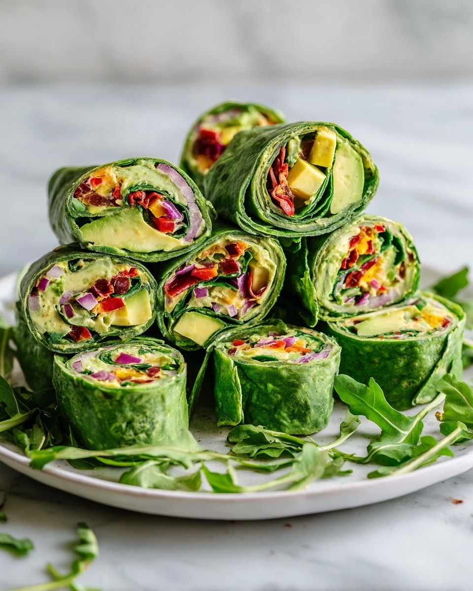 Seven green spinach wraps are cut into thick slices and arranged standing up on a white plate. Each wrap has visible layers starting with the spinach tortilla outside, followed by a thick layer of bright green leafy lettuce, softened green avocado chunks, small pieces of roasted red bell pepper, diced red onions, and a creamy light green spread mixed with herbs inside. Loose arugula leaves are scattered around the plate, which is set on a white marbled surface. The photo taken with an iphone --ar 4:5 --v 7