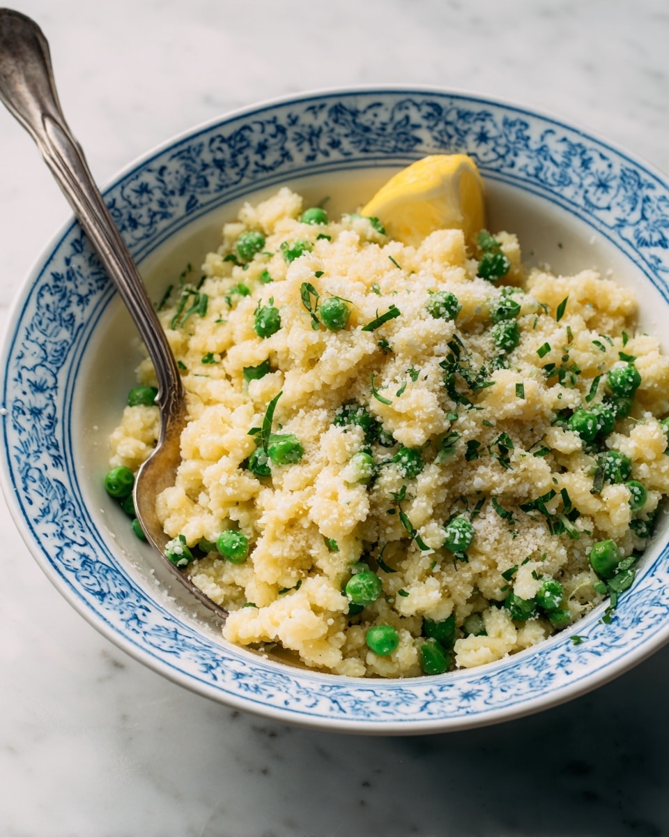 A close-up view of a white bowl with light blue patterned designs, filled with a layered dish made of short, rice-shaped pasta that is pale yellow and mixed evenly with small bright green peas and finely chopped dark green herbs. Small white crumbs are sprinkled lightly over the top. A silver spoon is placed inside the dish, near the center, with pasta and peas resting on it. Part of a lemon wedge is visible on the white marbled surface next to the bowl. photo taken with an iphone --ar 4:5 --v 7