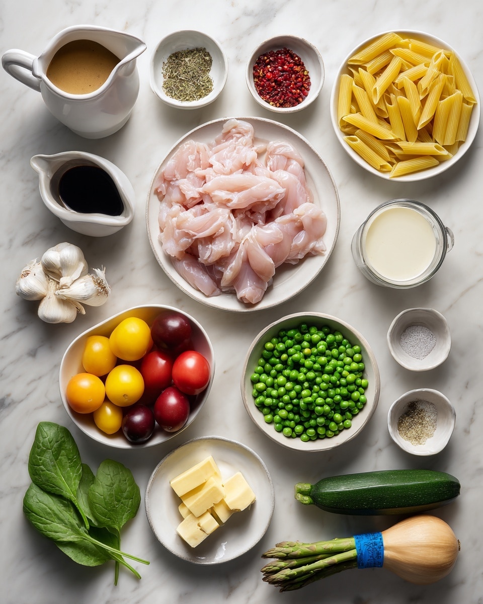 The image shows a white marbled surface with various ingredients neatly arranged. There are eleven small white bowls or dishes in different sizes, some filled and some empty. The top left has a small white pitcher with light brown sauce, next to a small bowl with crushed red pepper and dried herbs. Below this is a shallow white bowl filled with thin slices of raw pink chicken. To the right of the chicken is a small glass pitcher with cream. In the center, a small bowl filled with ripe cherry tomatoes in red, yellow, and dark brown colors. Below it, a bowl of green peas, and to its right, a bowl of uncooked penne pasta. A small bowl of salt and pepper mix is near the peas. At the bottom, a chunk of lemon, a small dish with four pieces of butter, a bowl of grated cheese, and a whole yellow bell pepper, alongside some spinach leaves. On the right side, a bunch of green asparagus tied with a blue band, a whole zucchini, a clove of garlic, and a shallot complete the layout. All items are placed carefully for a clear and visually pleasing arrangement. Photo taken with an iphone --ar 4:5 --v 7
