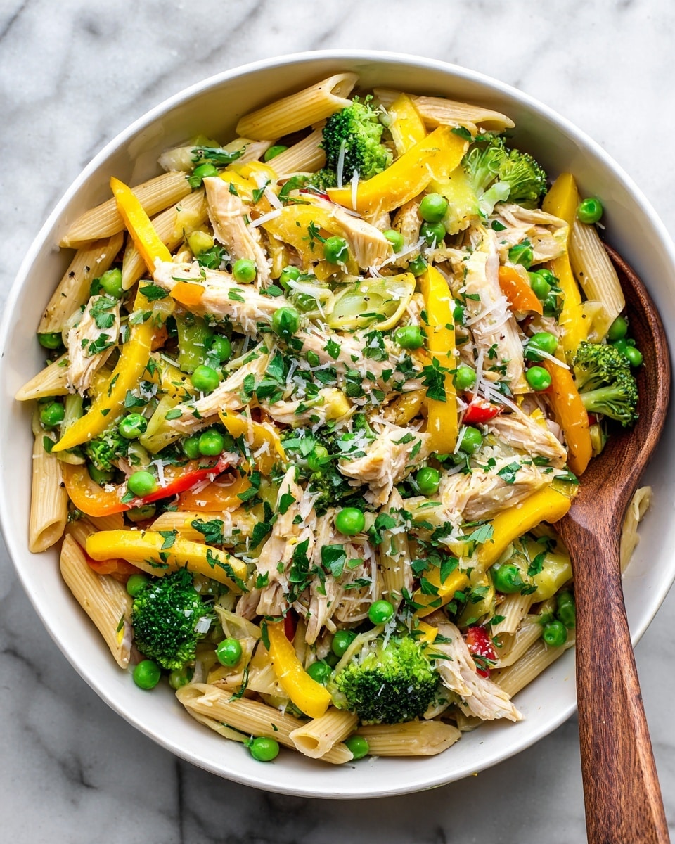 A white bowl filled with one layer of cooked penne pasta mixed with chopped bright green broccoli florets, thin slices of yellow squash, and strips of red bell pepper. Scattered throughout are small green peas and pieces of white shredded chicken. The dish is topped with chopped fresh green herbs and a sprinkle of grated cheese. A wooden spoon rests inside the bowl on the right side, partly covered by the pasta and vegetables. The bowl sits on a white marbled surface. photo taken with an iphone --ar 4:5 --v 7