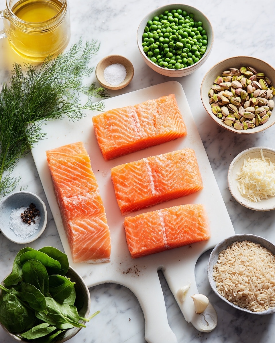 Four pieces of fresh salmon fillet with a bright orange color and visible white lines are arranged side by side on a white cutting board with a handle, placed on a white marbled surface. Above the board are small bowls containing different ingredients: green peas in a larger bowl on the right, light green pistachios in a smaller bowl next to it, a fine white powder in a small tan bowl, grated cheese in a small gray bowl, and a small piece of garlic in a tiny tan bowl. There is a small glass container of light yellow oil, a white bowl with salt and pepper, a bunch of fresh green dill sprigs, a white bowl filled with fresh green spinach leaves, a bowl of light brown rice grains, and a jar of golden honey arranged neatly around the salmon. The lighting is soft and natural, highlighting the fresh and colorful ingredients. Photo taken with an iphone --ar 4:5 --v 7
