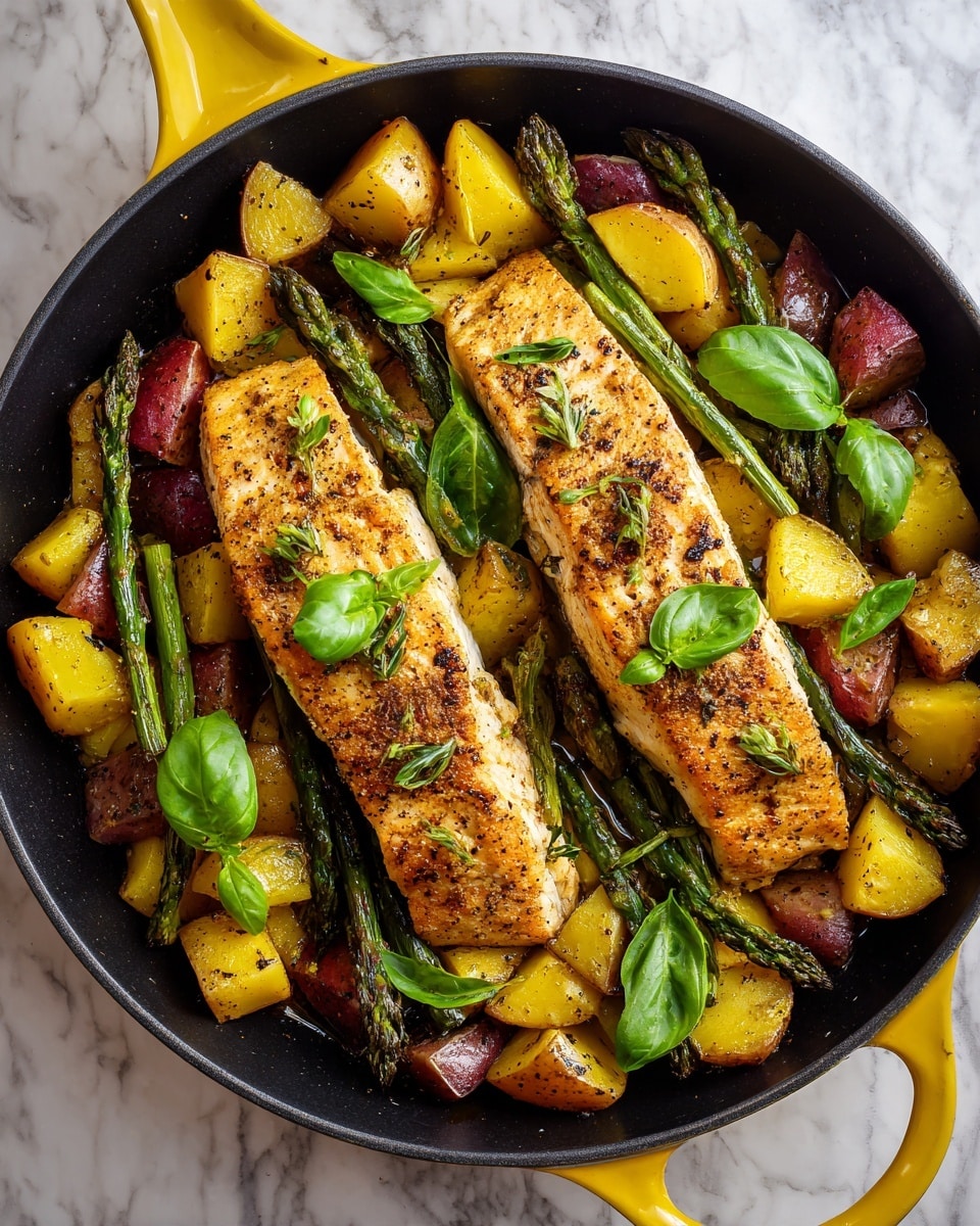 Two long, golden cooked fish fillets lie side by side in the center of a black skillet with a yellow handle. Surrounding the fish are chunky pieces of roasted yellow potatoes, red potatoes, and green asparagus spears, all mixed and spread evenly. Fresh basil leaves are scattered on top and around the ingredients, adding bright green color. The skillet sits on a white marbled surface. The overall look is warm with earthy tones and fresh green accents. Photo taken with an iphone --ar 4:5 --v 7