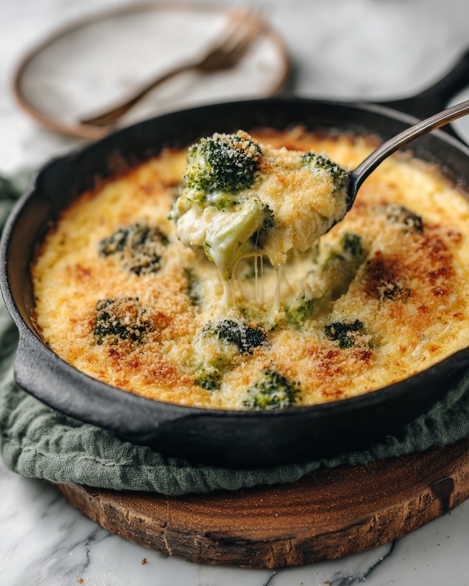 A hot casserole in a black iron pan sits on a round wooden board with a green cloth beneath it, all placed on a white marbled surface. The casserole has a golden brown, crunchy top layer with specks of green broccoli florets scattered on it. Under the crispy top, there is a creamy, light yellow layer visible around the edges and through the spoon's scoop, which is lifting some broccoli and creamy sauce. The black spoon is positioned inside the pan near the edge, showing the thick texture of the dish inside. In the background, there is a white plate with brown edges. Photo taken with an iphone --ar 4:5 --v 7
