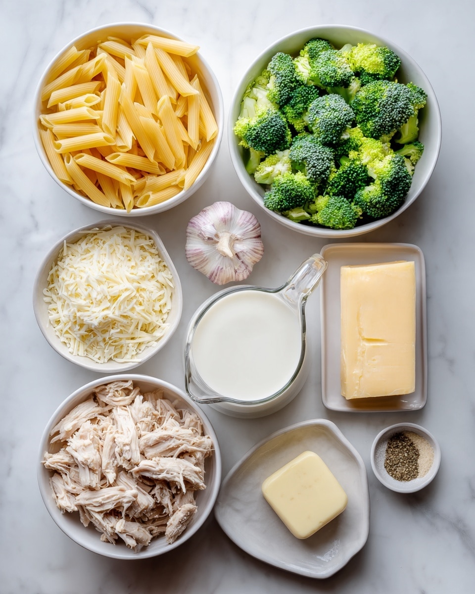 A white marbled surface holds several white bowls and ingredients arranged neatly. One white bowl is full of raw yellow penne pasta, another large white bowl contains bright green broccoli pieces on top, and a third white bowl is filled with cooked shredded light beige chicken. A smaller white bowl holds grated white cheese, next to a small white bowl with light brown breadcrumbs, and another small white bowl with salt, black pepper, and dried herbs. There is a stick of pale yellow butter on a white dish, two cloves of light purple garlic, a clear glass jug filled with creamy white milk, and a rectangular block of pale yellow cheese placed near the garlic. Photo taken with an iphone --ar 4:5 --v 7