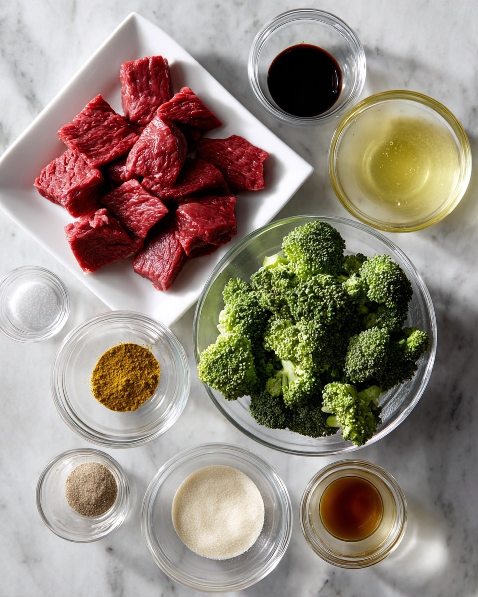 A top-down view of ingredients neatly placed on a white marbled surface, featuring a white square plate filled with bright red raw beef strips on the upper left; below it is a clear glass bowl full of fresh green broccoli florets; surrounding these are several small white bowls and clear glass bowls arranged in a loose circle, containing various sauces and powders in shades of dark brown, golden yellow, light tan, white, and beige; the colors contrast nicely with the white marbled background, creating a clean and organized preparation scene. photo taken with an iphone --ar 4:5 --v 7