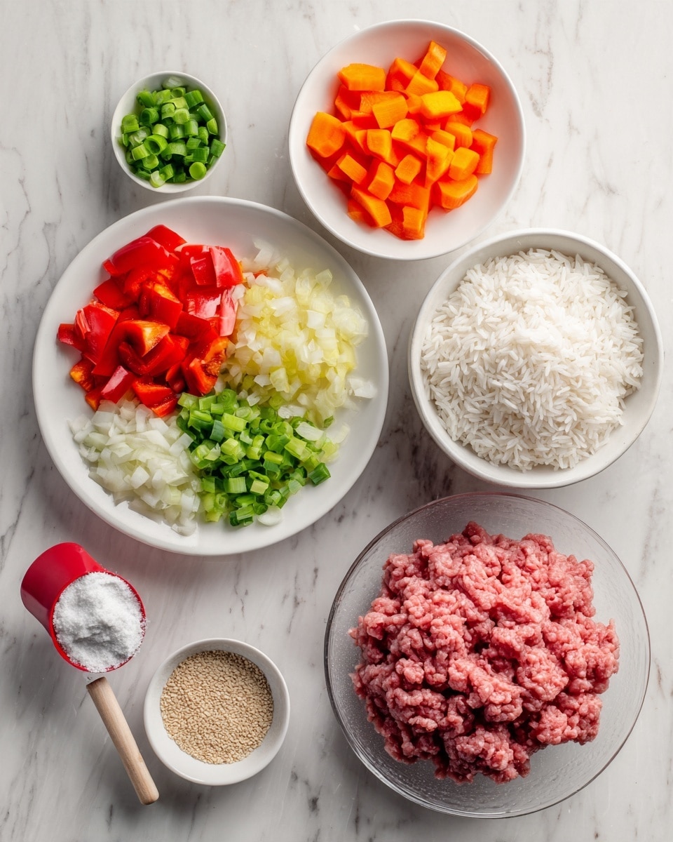 The image shows a white marbled surface with various ingredients arranged for cooking. At the center-left, a white plate holds four groups of chopped vegetables: bright red bell peppers, light green sliced green onions, pale yellow minced garlic, and vibrant orange carrot slices in a white bowl above it. To the right, there is a white bowl filled with uncooked white rice, and next to it, a small white bowl contains light brown sesame seeds. Below the rice bowl is a clear glass plate filled with raw pink ground meat, and near the center is a red measuring spoon with white powdered starch. The colors are vivid and the textures range from smooth rice grains to the soft, loose texture of the meat. Photo taken with an iphone --ar 4:5 --v 7
