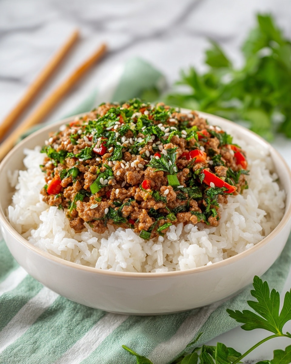 A close-up view of a bowl filled with three layers: the bottom layer is white steamed rice with a soft texture, the middle layer is a mix of ground meat cooked with small chopped green vegetables and red bell peppers, and the top layer is a sprinkle of white sesame seeds and fresh chopped parsley. The bowl is white inside, round shaped, and sits on a green and white striped cloth on a white marbled surface. In the blurred background, there are light-colored chopsticks resting behind the bowl. A sprig of fresh parsley lies beside the bowl. photo taken with an iphone --ar 4:5 --v 7