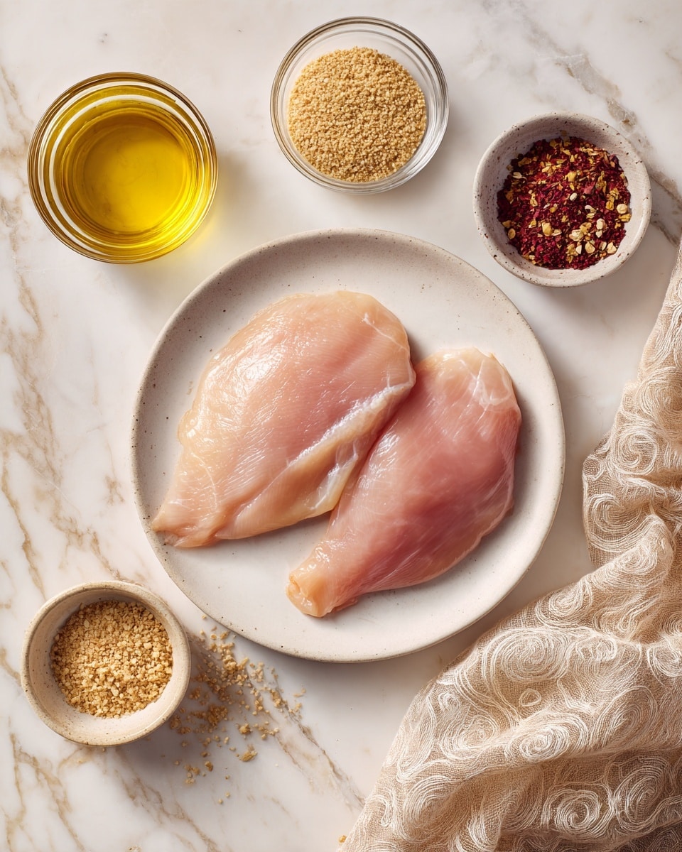 The image shows a white plate on a white marbled surface holding two raw chicken fillets with a smooth, pale pink texture, arranged side by side, one slightly bigger than the other. Surrounding the plate are three small glass containers: one with a golden yellow liquid, another with a mix of light brown breadcrumbs, and a third with brown and red dried spices. A beige cloth with a swirl pattern is draped on the bottom right corner of the image. photo taken with an iphone --ar 4:5 --v 7