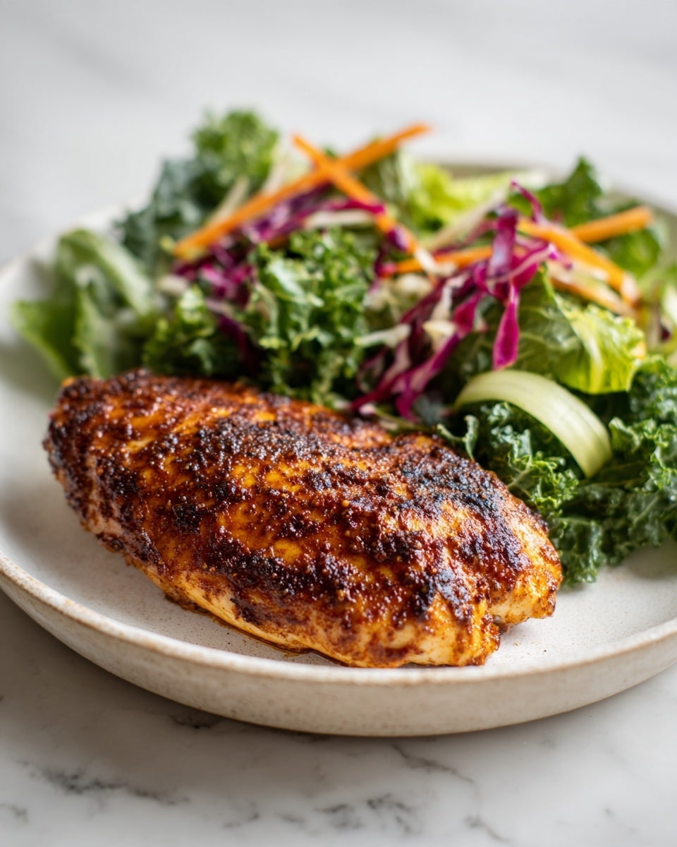 A single piece of grilled, seasoned chicken lies on the left side of a white plate with a slightly charred, dark brown, and orange-speckled surface showing texture and seasoning. On the right side, there is a fresh salad mix layer made of green leafy lettuce, kale, thin orange carrot strips, some pieces of light green celery, and thin purple cabbage, all slightly overlapping. The dish is presented on a white marbled surface, creating a clean and bright background. photo taken with an iphone --ar 4:5 --v 7