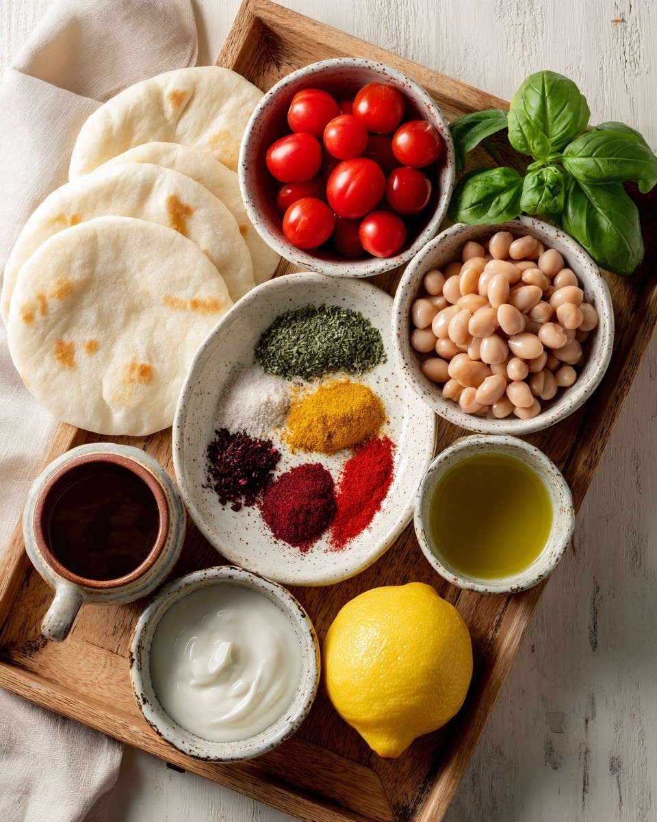 On a wooden tray with a white marbled background, there are small white speckled bowls with bright red grape tomatoes, another bowl filled with light brown beans, and a small bowl with fresh green basil leaves. Next to these is a white speckled dish with different powdered spices including red, beige, yellow, green, and black colors arranged side by side. A halved lemon with yellow flesh sits beside the spices. There is also a small bowl of smooth white yogurt, a bowl with green olive oil, and an empty brown cup. Two white pita breads rest on the left side of the tray. Photo taken with an iphone --ar 4:5 --v 7