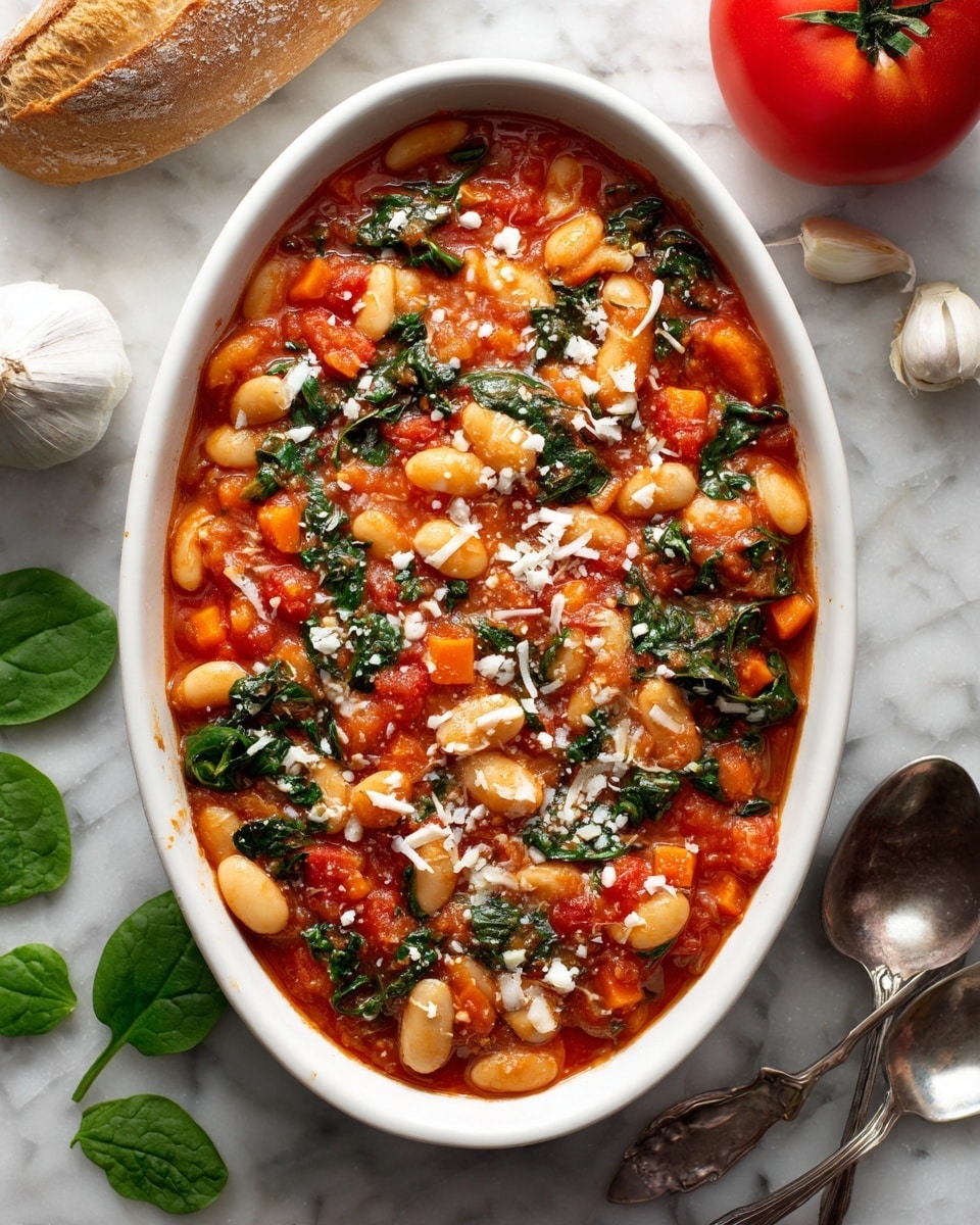 A white oval dish filled with a thick mix of large white beans, chopped red tomatoes, bright green spinach leaves, and small orange carrot pieces all stirred in a rich red tomato sauce; the beans are soft and plump, the spinach slightly wilted but still vibrant, sprinkled with fine white cheese shreds on top. The dish sits on a white marbled surface with two silver spoons to the right, fresh spinach leaves scattered near the bottom left, a whole garlic bulb and a piece of bread in the top left corner, with a ripe red tomato also near the bottom left. Photo taken with an iphone --ar 4:5 --v 7