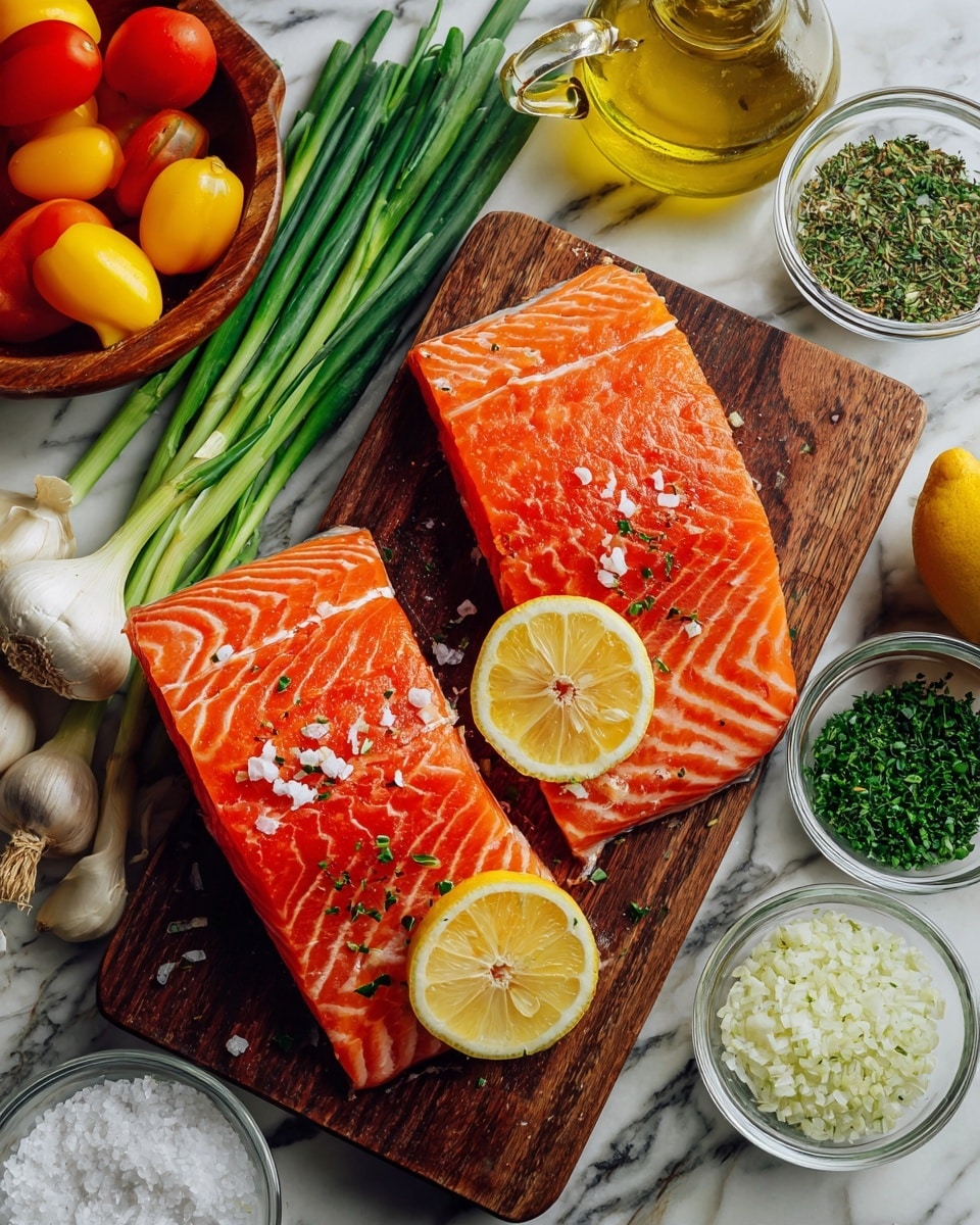 Two large pieces of bright orange raw salmon with white lines lie flat on a dark wooden cutting board, each piece angled slightly and topped with yellow lemon wedges. Around the cutting board are glass bowls holding chopped garlic, dried green herbs, and white salt, along with a small bunch of green onions to the left. A bowl of red and yellow cherry tomatoes sits alongside a whole garlic bulb and a glass pitcher of olive oil. The background is a white marbled surface. photo taken with an iphone --ar 4:5 --v 7