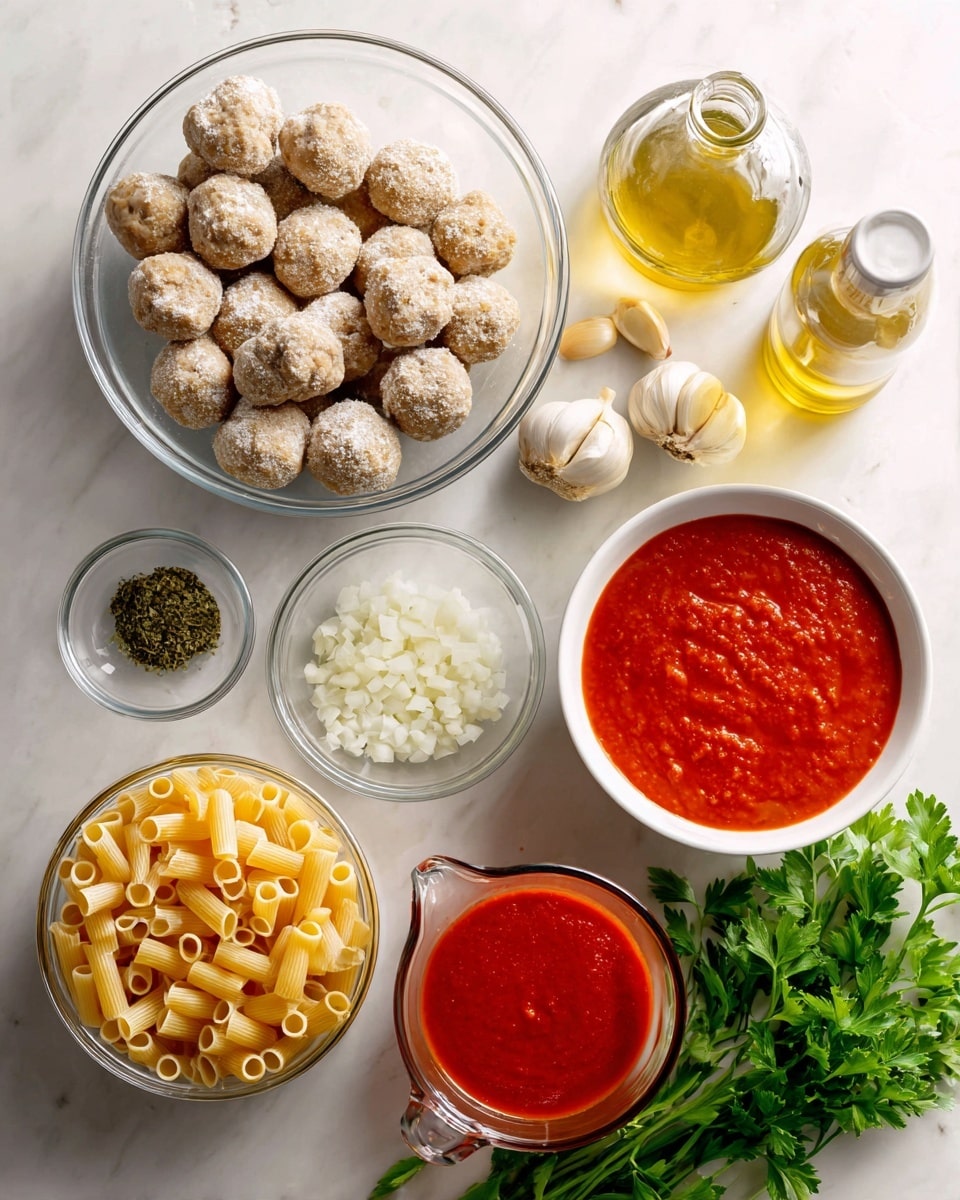 The image shows various ingredients arranged on a white marbled surface. In the top left, there is a clear glass bowl filled with small beige meatballs lightly dusted with flour. To the right of the meatballs, there is a packet of chicken broth and a tall bottle of light yellow olive oil. Below those, a white bowl contains bright red tomato sauce with a smooth texture. In the middle, there is a small clear bowl with finely chopped white onions, a smaller glass bowl holding two cloves of garlic, and a tiny clear bowl with dried green herbs. On the bottom left side, a larger clear bowl holds dry, uncooked small yellow tubular pasta. In the bottom center, another clear measuring cup is filled with a thicker bright red tomato sauce. A bunch of green fresh parsley with vibrant leaves lies on the right side on the white marbled surface. photo taken with an iphone --ar 4:5 --v 7