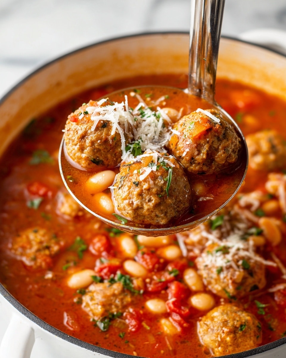 A close-up view of a ladle lifting three light brown meatballs with some shredded white cheese and small green herb bits on top, floating in a rich red-orange tomato broth filled with white beans and diced red tomatoes. The ladle is held above a white pot filled with many more round meatballs in the same tomato bean soup. The soup looks thick and hearty with a mix of soft textures from the beans and meatballs, against a white marbled background. photo taken with an iphone --ar 4:5 --v 7